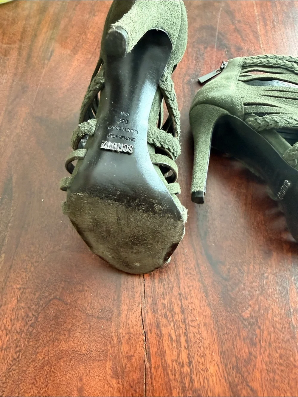 Schutz Olive Green Braided Strappy High Heel Sandals